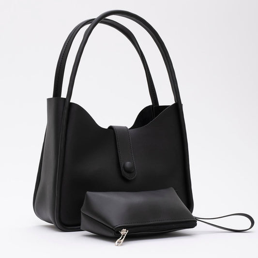 Siyah FMR79 Deri Düğme Detaylı Çıtçıtlı Makyaj Çantalı Kol ve Omuz Çantası